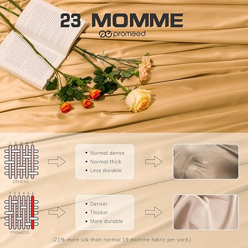 Miniatura 9 de PROMEED Juego de sábanas tamaño King de seda de morera 100 % pura, juego de sábanas de lujo de 4 piezas de 23 momme, incluye sábana encimera, sábana