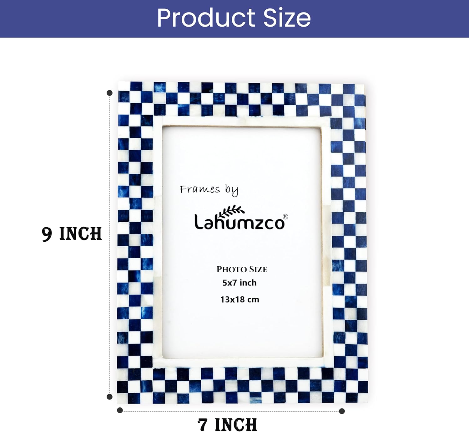 5x7 Bone Inlay Picture Frame – Handmade Imperfect Checkered Pattern Photo Frame for Tabletop & Wall Decor, Vintage Art-Inspired Design, Blue & White, Decorative Christmas Gift Frame