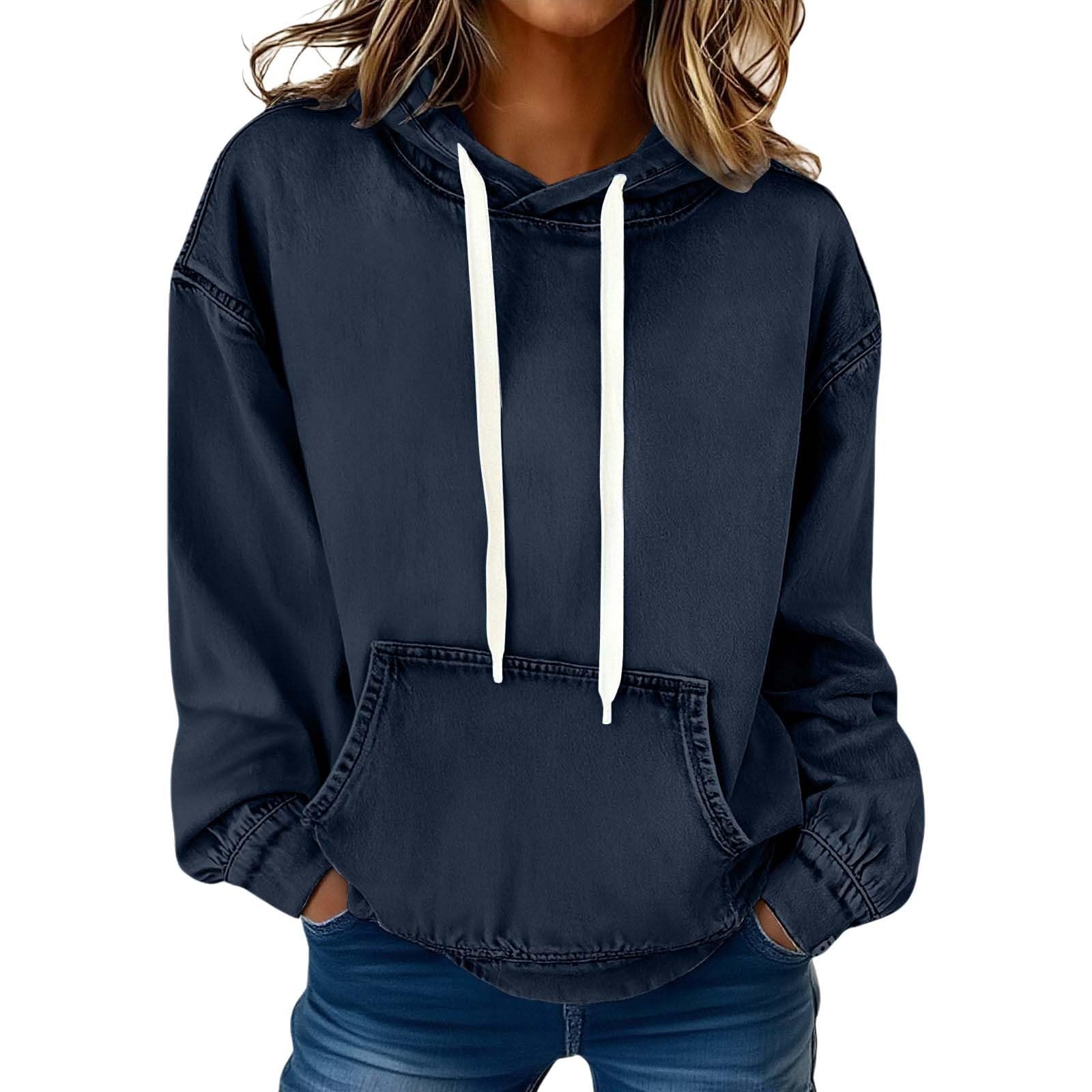 Generisch Sweat à capuche pour femme - Oversize - En jean - Manches longues - Couleur unie - Décontracté - Pour le sport - Streetwear - Mode - Veste à capuche chaude pour l'automne - Pour femme