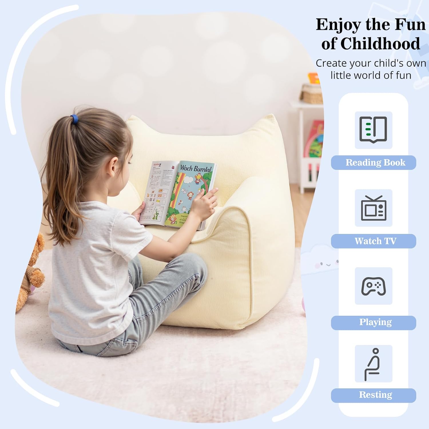 HOMMPA Kids Bean Bag Chair Toddler Boy and Girl Seat Memory Foam Sofa Corduroy Fabric Bean Bag Chairs for Playroom, Living Room, Bedroom,Beige
