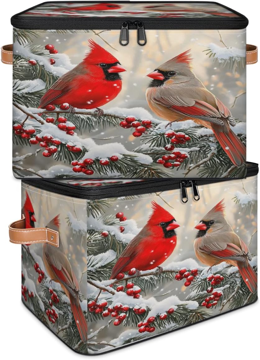 Storage Bin Set of 2 Winter Cardinal Bird Berry Storage Basket with Zipper Lid & Handle Foldable Closet Shelf 2 Pack Cloth Organizer Basket Cube Bins for Bedroom, Nursery