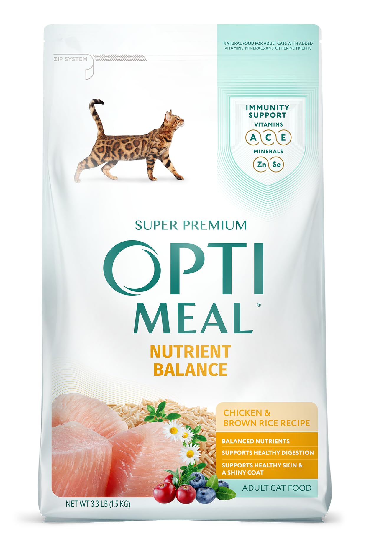 Optimeal Natural Dry Cat Food for Adult Cats - Proudly Ukrainian - Tasty and Nutritional Cat Food Dry Recipe with Immunity Support for Healthy Felines (3.3 lbs, Chicken & Brown Rice)