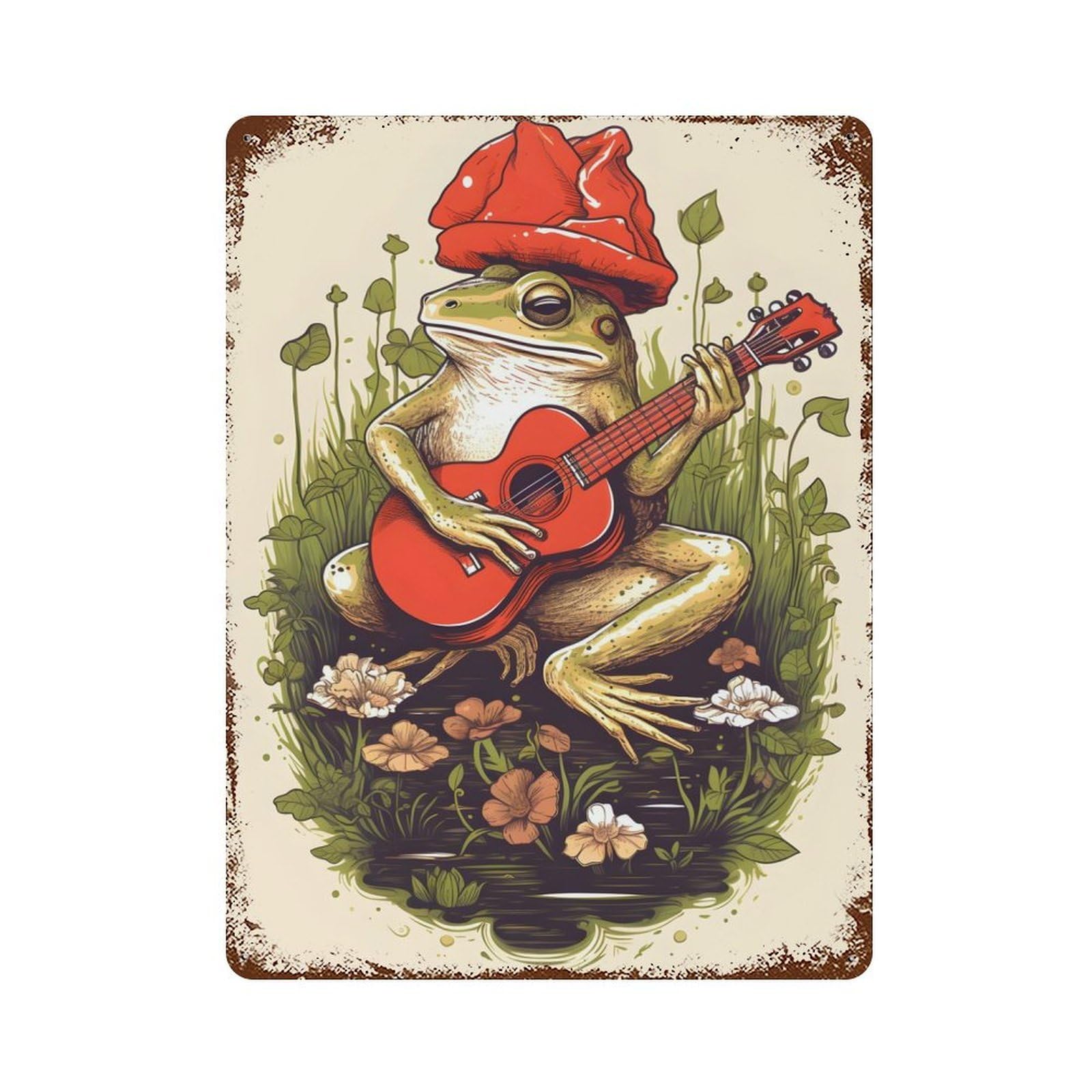 Vintage Rust Metal Sign with Cottagecore Frog Guitar Design 15.7"x11.8", for Garage, Bar And Workshop Decor, Retro Wall Decor