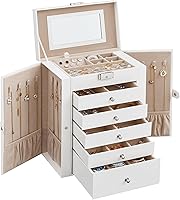 SONGMICS 6-Tier Jewelry Organizer Box with 5 Drawers, Lock, Mirror & Necklace Hooks - White UJBC152W01 Large Storage