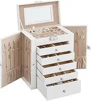 SONGMICS Caixa de joias, caixa de joias grande de 6 andares com gavetas, espelho e fechadura, organizador de armazenamento, porta comprimido, Branco UJBC152W01