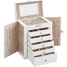 SONGMICS 6-Layer Jewelry Box Organizer with 5 Drawers, Jewelry Storage Case with Lock and Mirror, Large Storage Capacity, Gift for Loved Ones, for Necklaces, Watches, White UJBC152W01