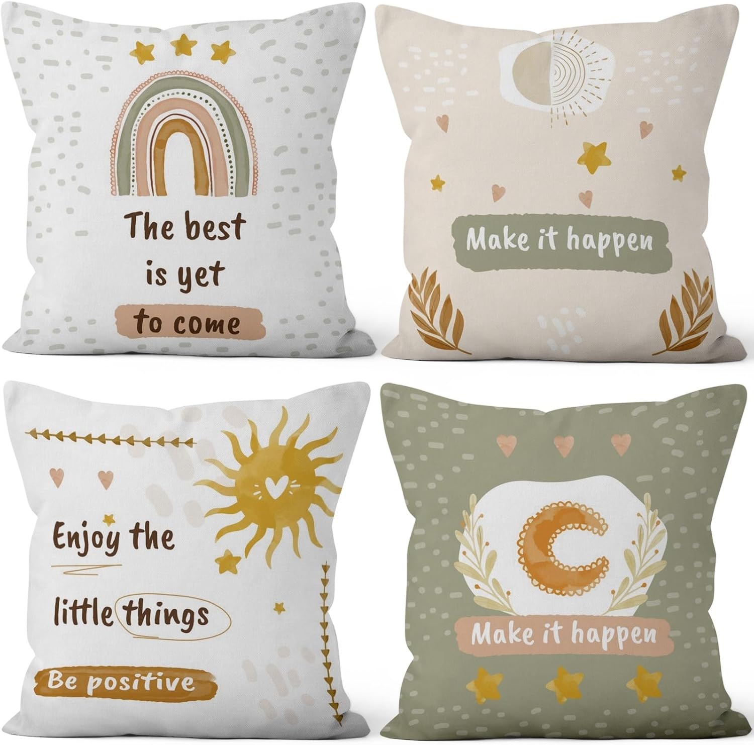 Minimalist Decorative Throw Pillow Covers 20"x20" Set of 4, Make It Happy Star Moon Sun Rainbow Lovely Cushion Cover for Sofa Chair Couch Bed Office Garden Patio Farmhouse Indoor Outdoor