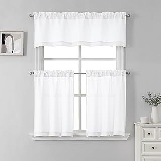 SeeGlee Light Filtering Short Window Curtains 3-Piece Set with Valance and Two Tiers Kitchen Curtains- White Linen Semi Sheer Bathroom Small Curtains W52 x L15+ 2 Pcs W26 x L30 - Buy now