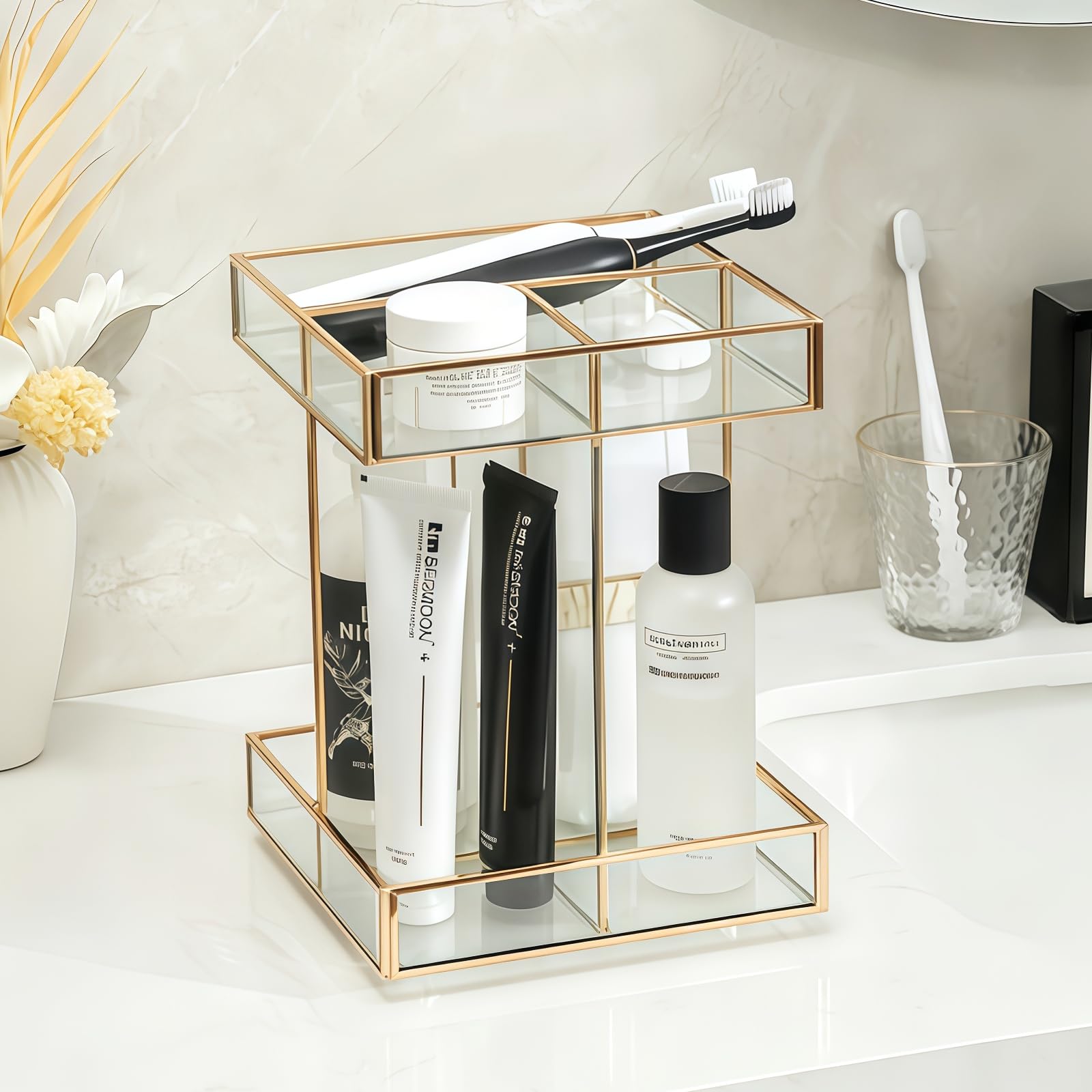 Organizador de cosméticos giratorio 360°, gran capacidad, organizador de maquillaje de cristal para vestidor, dormitorio, cuarto de baño
