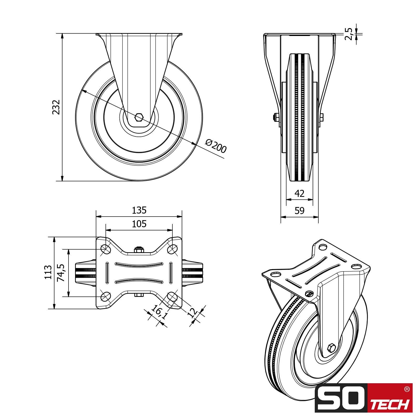 4er SET SOTECH Transportrollen RED Ø 200 mm Traglast bis 440 Kg | (2x Bockrollen, 2x Lenkrollen mit Bremse) Höhe 232 mm, Anschraubplatte 130 x 102 mm Transportlenkrolle