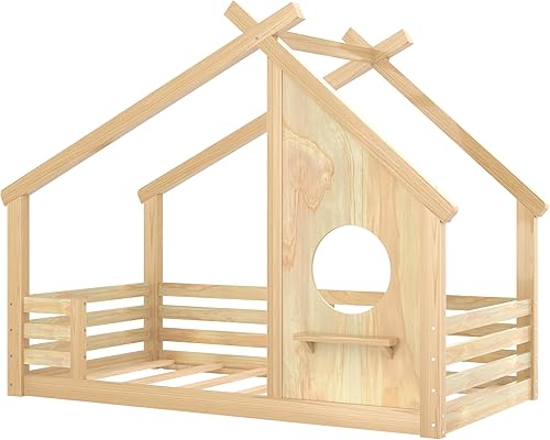 Miniatura 60 de Bellemave Cama individual para niños, cama de madera de pino, camas Montessori para niños, color blanco con estante Blanco,Madera de pino gris,gris