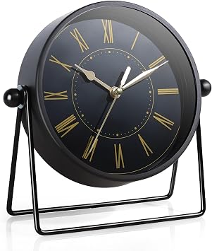 AYRELY Vintage Black Metal Desk Clock,Battery Operated Mantel Clocks, Decorative Table Clocks with Adjustable Angle for Fireplace Farmhouse Shelf Living Room Decor Black/Gold