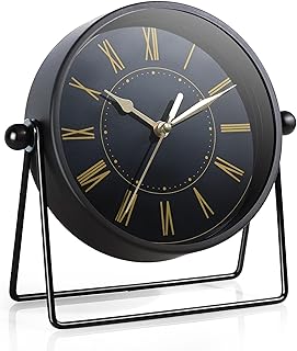 AYRELY® Vintage Black Metal Desk Clock,Battery Operated Mantel Clocks, Decorative Table Clocks with Adjustable Angle for Fireplace Farmhouse Shelf Living Room Décor (Black/Gold)