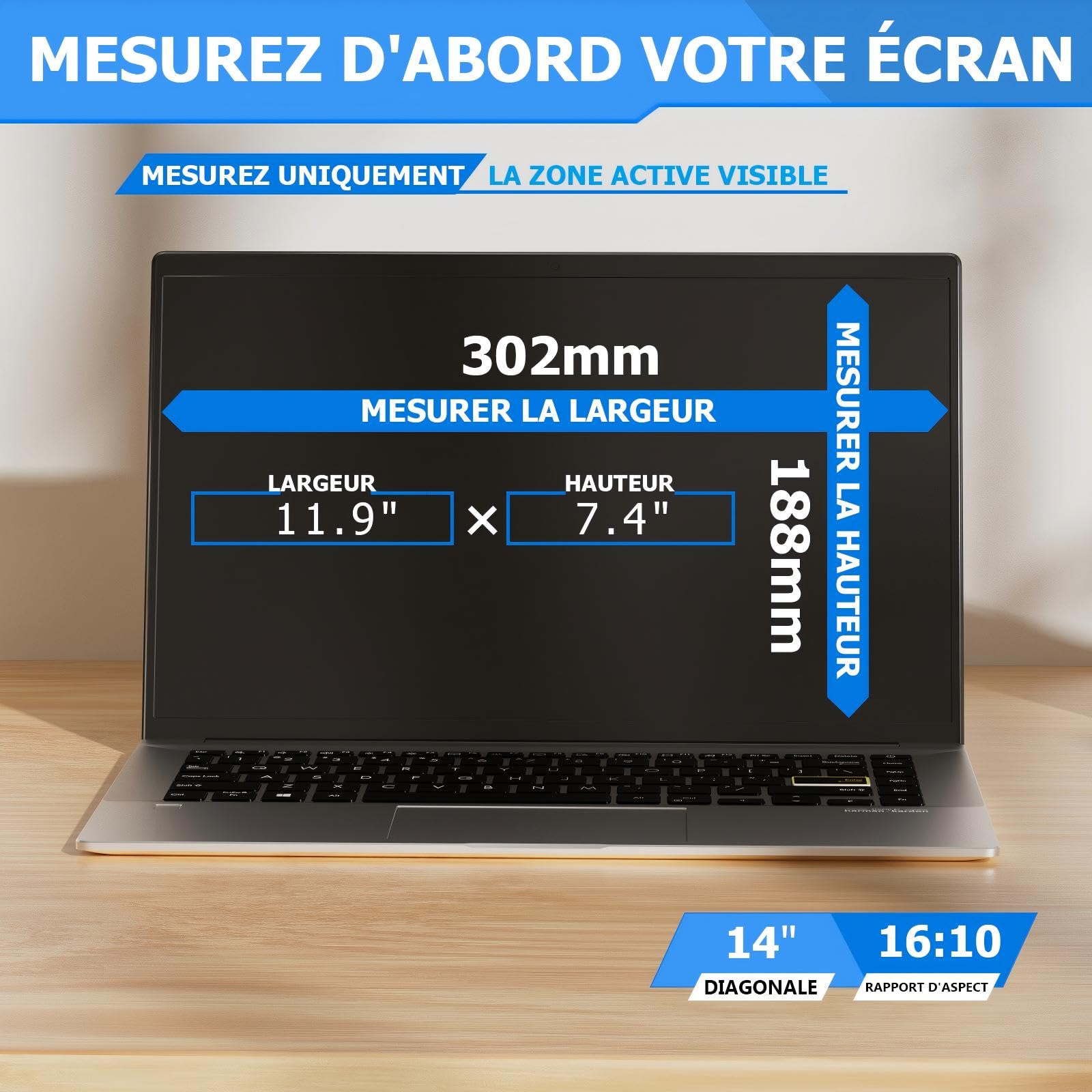 Filtre de Confidentialité 14 Pouces 16:10 Amovible Anti-Lumière Bleue Anti-éblouissement pour Ordinateur Portable