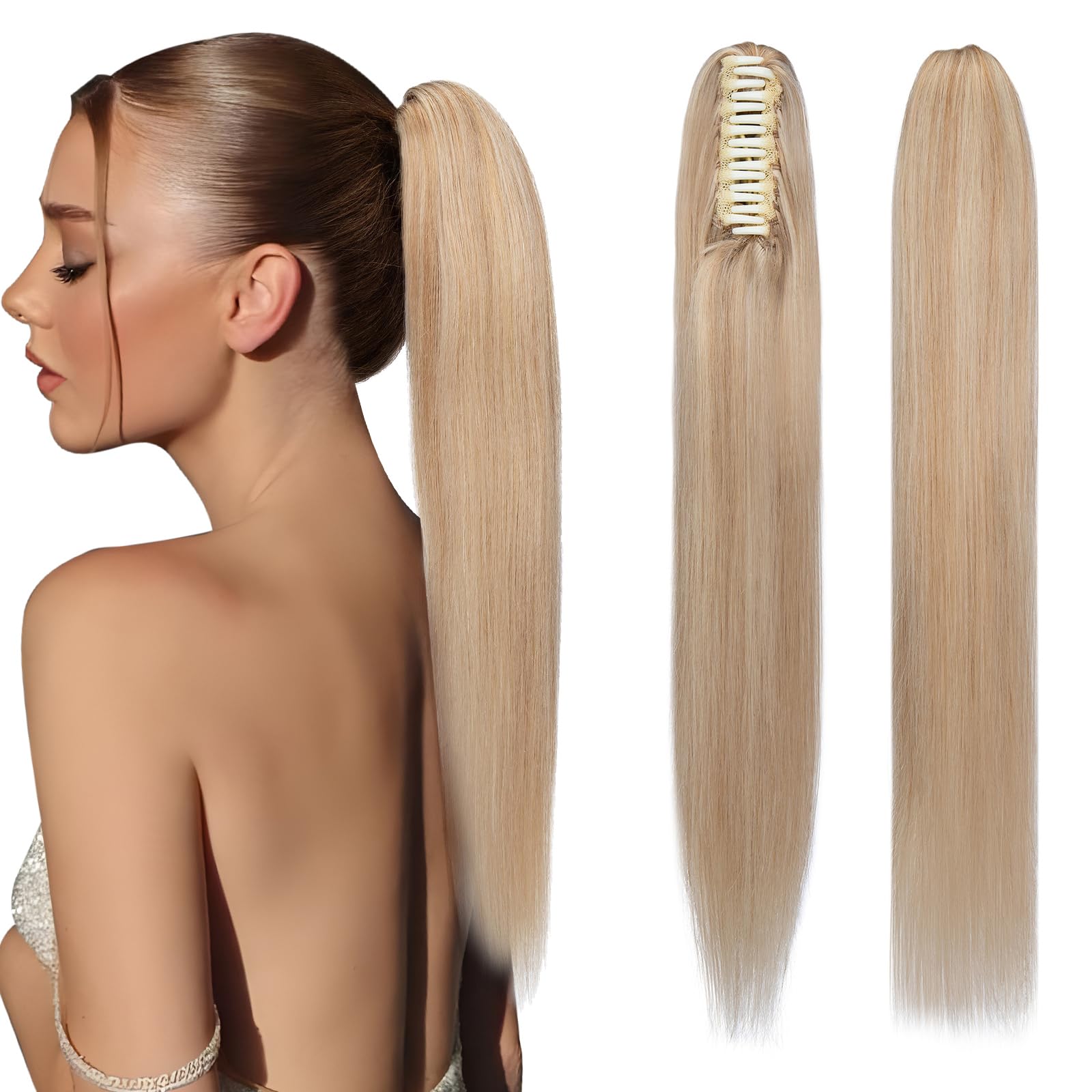 Elailite Claw Clip Ponytail Extension Real Human Hair Natural HairPiece Straight Highlighted (#18/613 Ash Blonde Mix Bleach Blonde