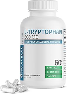 Bronson L-Tryptophan 500 MG High Potency Essential Amino Acid Supports Relaxation & Positive Mood Support Non-GMO, 60 Capsules
