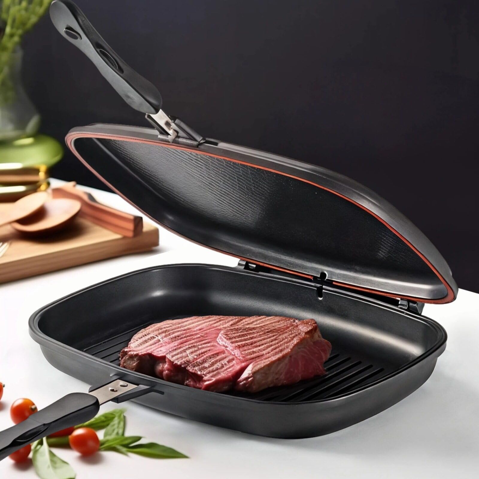 Sartén para suministros de cocina, cómodo mango de aluminio resistente a la corrosión, portátil y ligero, doble cara e ideal de 12.6 x 11 x 2.8 pulgadas para varios alimentos cocinar, freír