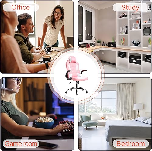 Miniatura 6 de Silla de oficina rosa para juegos, silla ergonómica de respaldo alto para computadora con soporte lumbar y brazos abatibles, silla de escritorio
