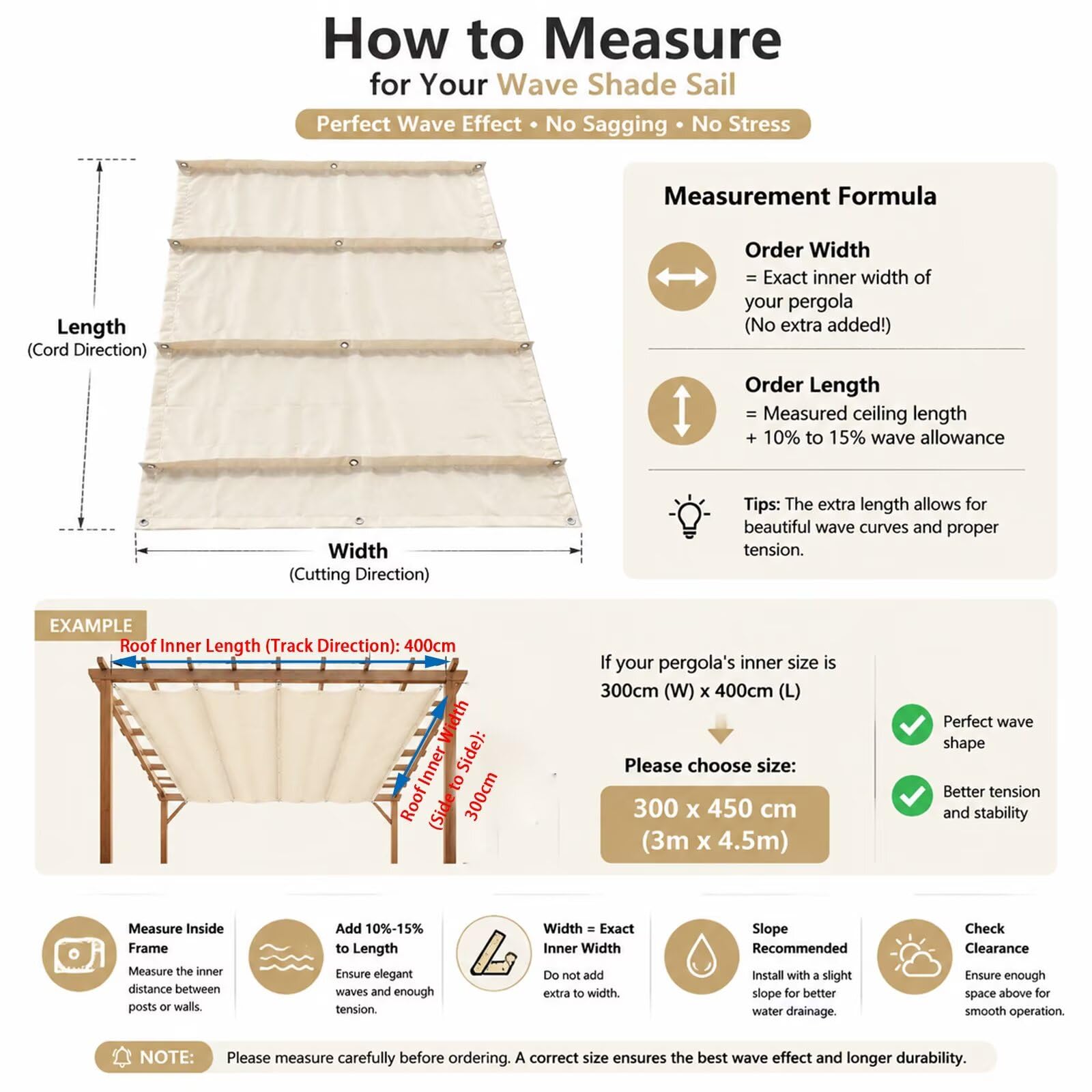 Voile d'ombrage Suspendu Vague 200x350cm Rétractable Imperméable Toile Solaire pour Pergola et Tonnelle Jardin Beige