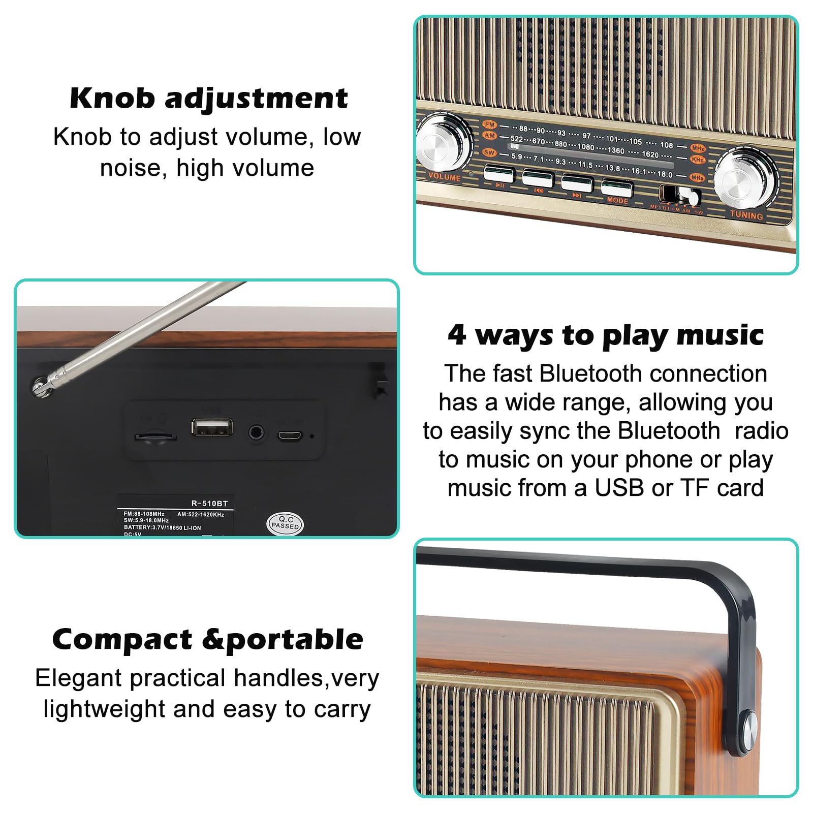 Radio rétro avec Bluetooth, petite radio de valise nostalgie avec AM/FM/SW3, USB/TF/AUX, rechargeable, radio de cuisine, radio vintage pour cuisine, bureau, extérieur
