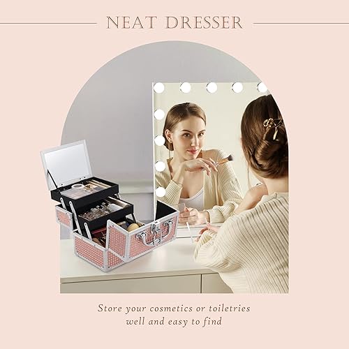 Miniatura 2 de Costravio Estuche de maquillaje para cosméticos, capacidad inteligente, 2 bandejas, organizador de almacenamiento de maquillaje con espejo con