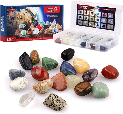 Colección Rock de 18 piezas para niños, piedras preciosas y rocas con hoja de información educativa y vitrina, regalo de ciencia para niños y niñas