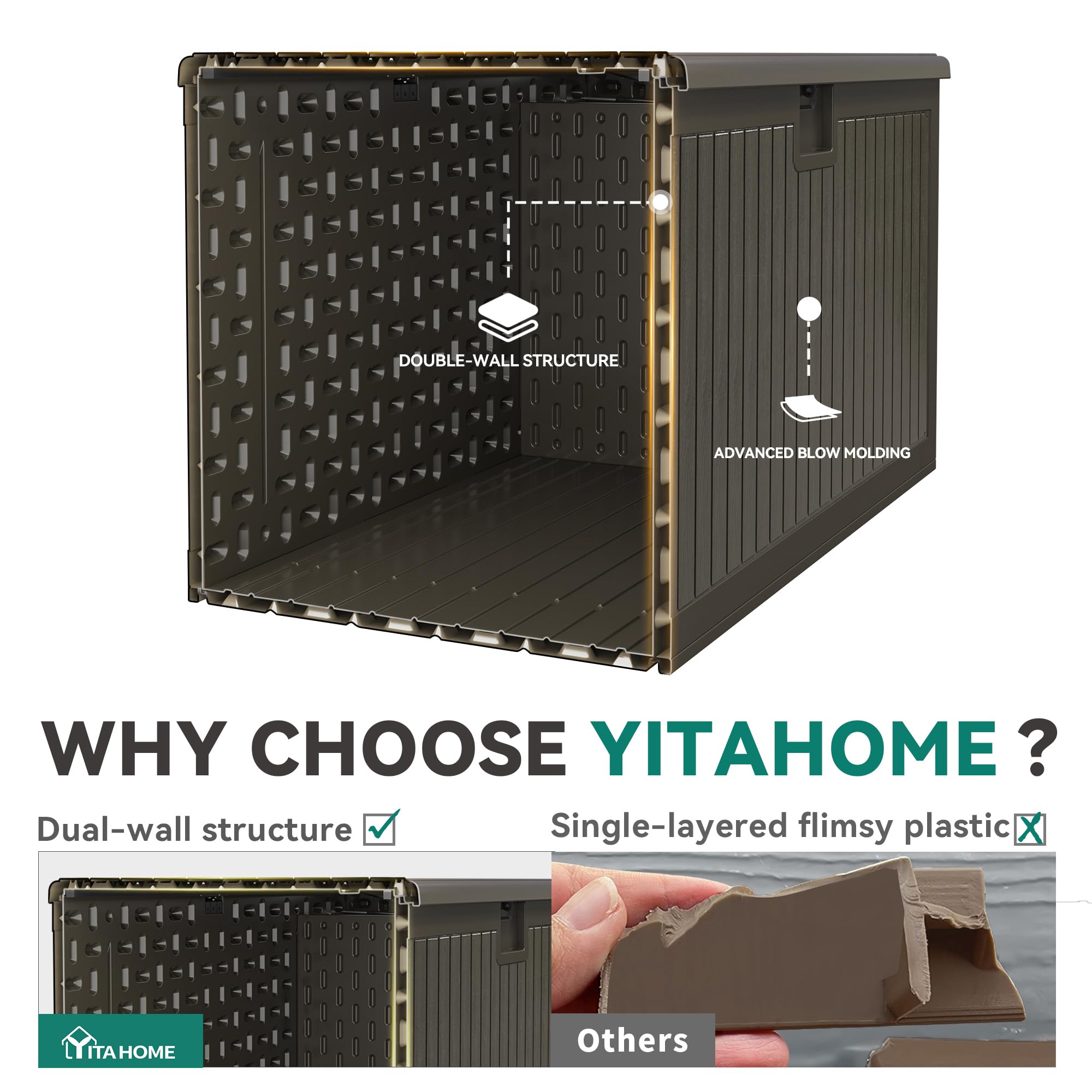 YITAHOME Scatola portaoggetti da giardino 303L, in resina HDPE, con coperchio bloccabile e maniglie laterali, panca portaoggetti impermeabile per mobili da patio, cuscini, attrezzi da piscina e