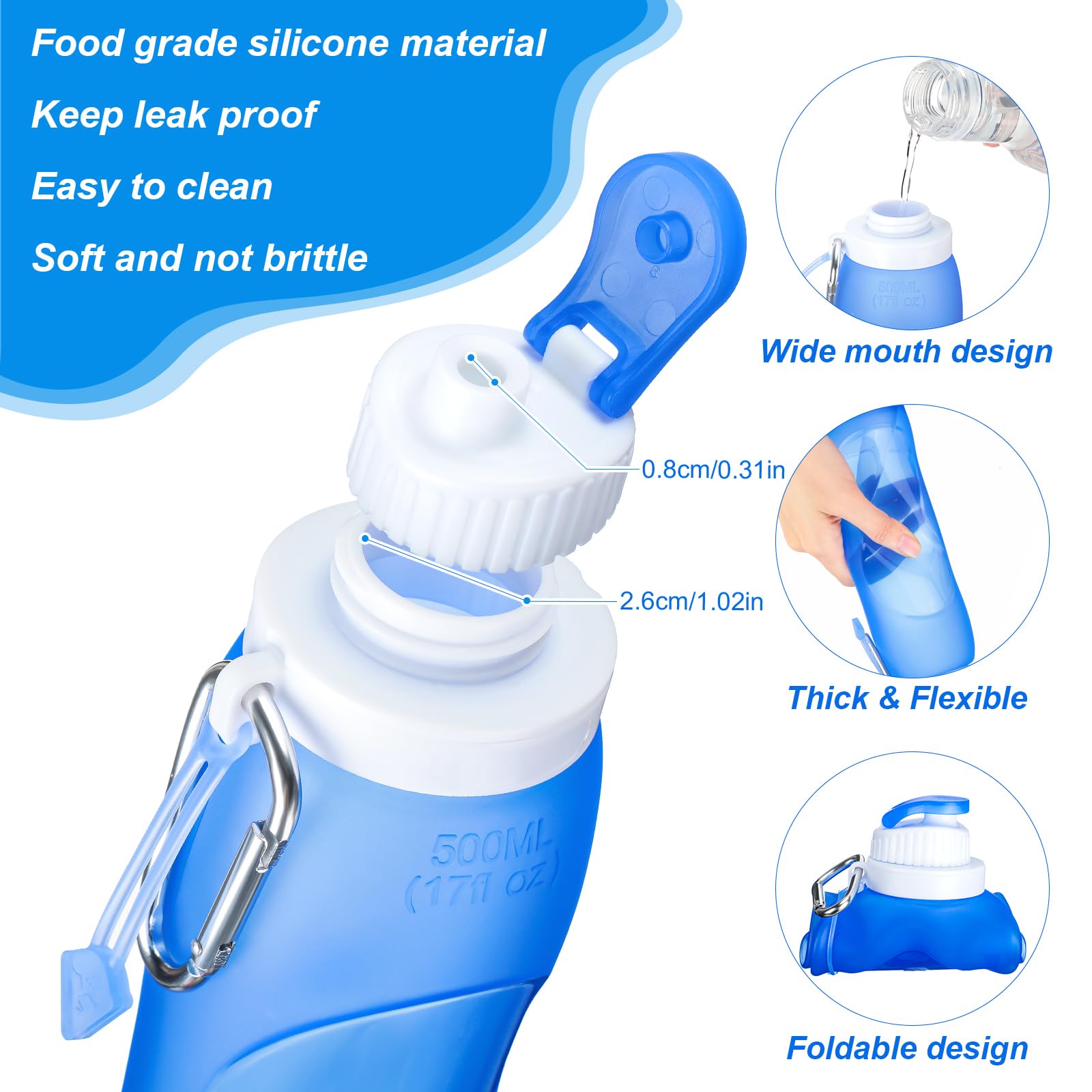 4 botellas de agua plegables de 17 onzas, 500 ml, botella plegable enrollable, de silicona, a prueba de fugas, para deportes, viajes, equitación, camping, senderismo, mochila