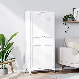 Yizosh 61-Inch White Metal Storage Cabinet with 2 Doors & 4 Adjustable Shelves - 180lbs Heavy Duty Kitchen Pantry Locker