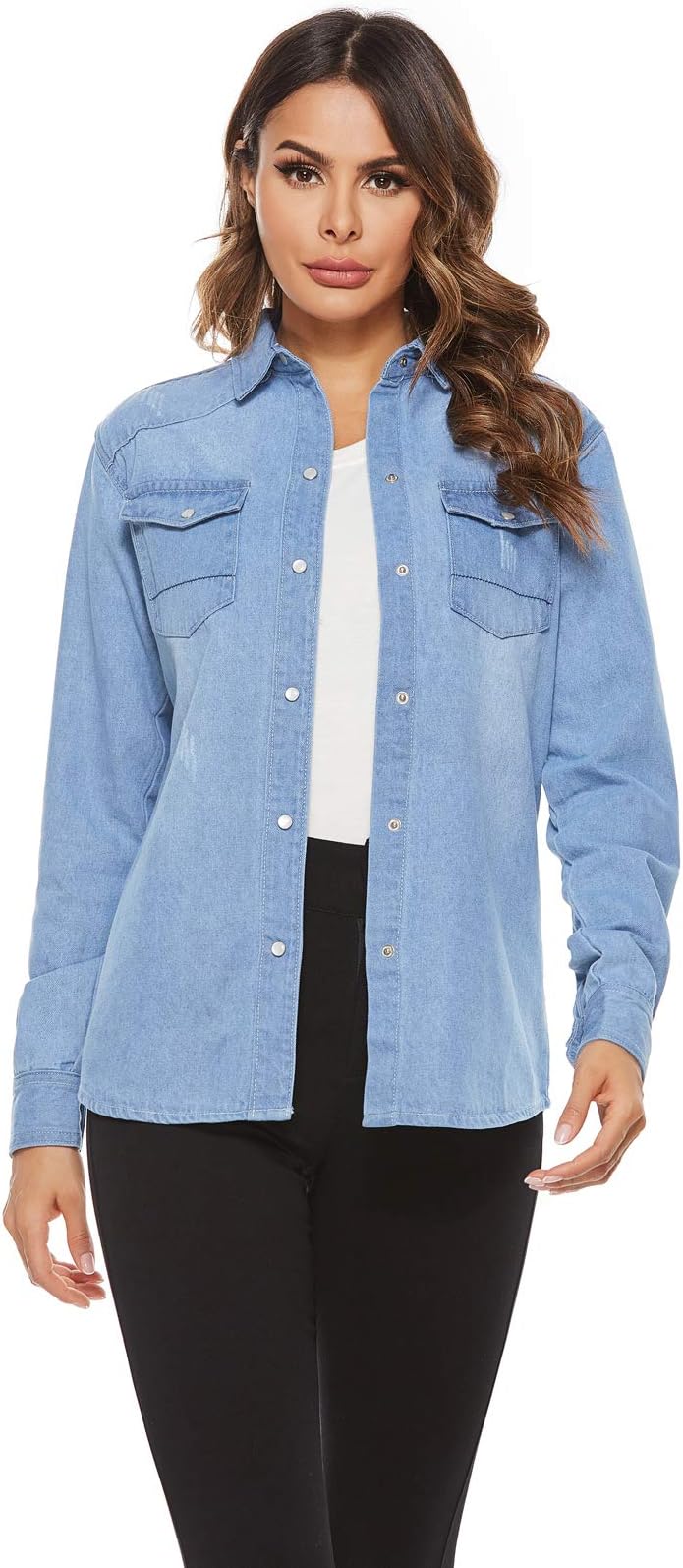 AvaCostume Women's Long Sleeve Double Pocket Slim-fit Jean Denim Shirt