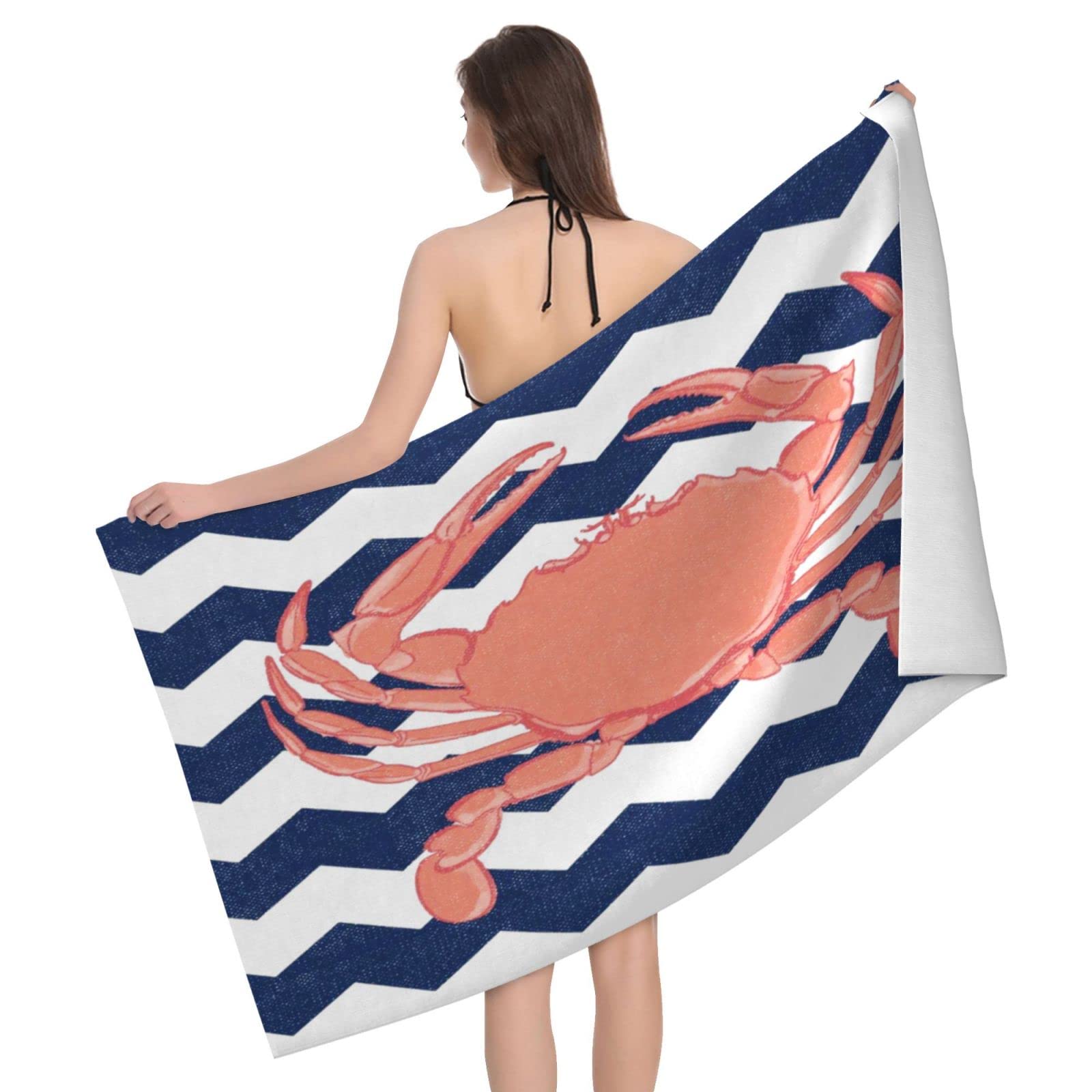 Lawenp Crab and Blue Stripes Beach Towel, Lightweight Sand Free Quick Dry Microfiber Absorbent Bath Towel for Kids, Adults, Swimming, Bath, Yoga, Pool, Travel, Camping 32"X52"