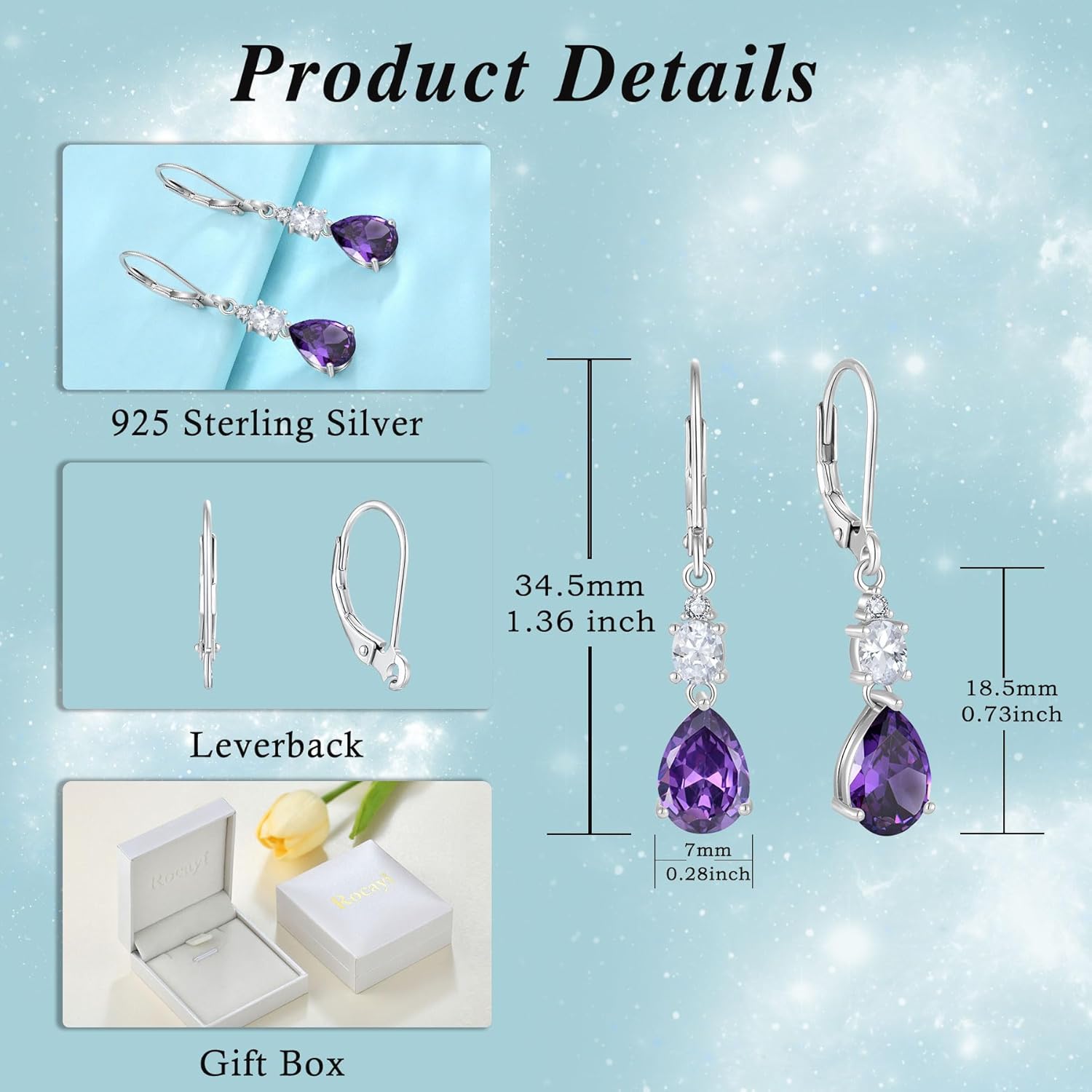 Teardrop Leverback Earrings 925 Sterling Silver Oval Dangle Drop Earrings Birthstone Jewelry Gifts for Women - Image 6