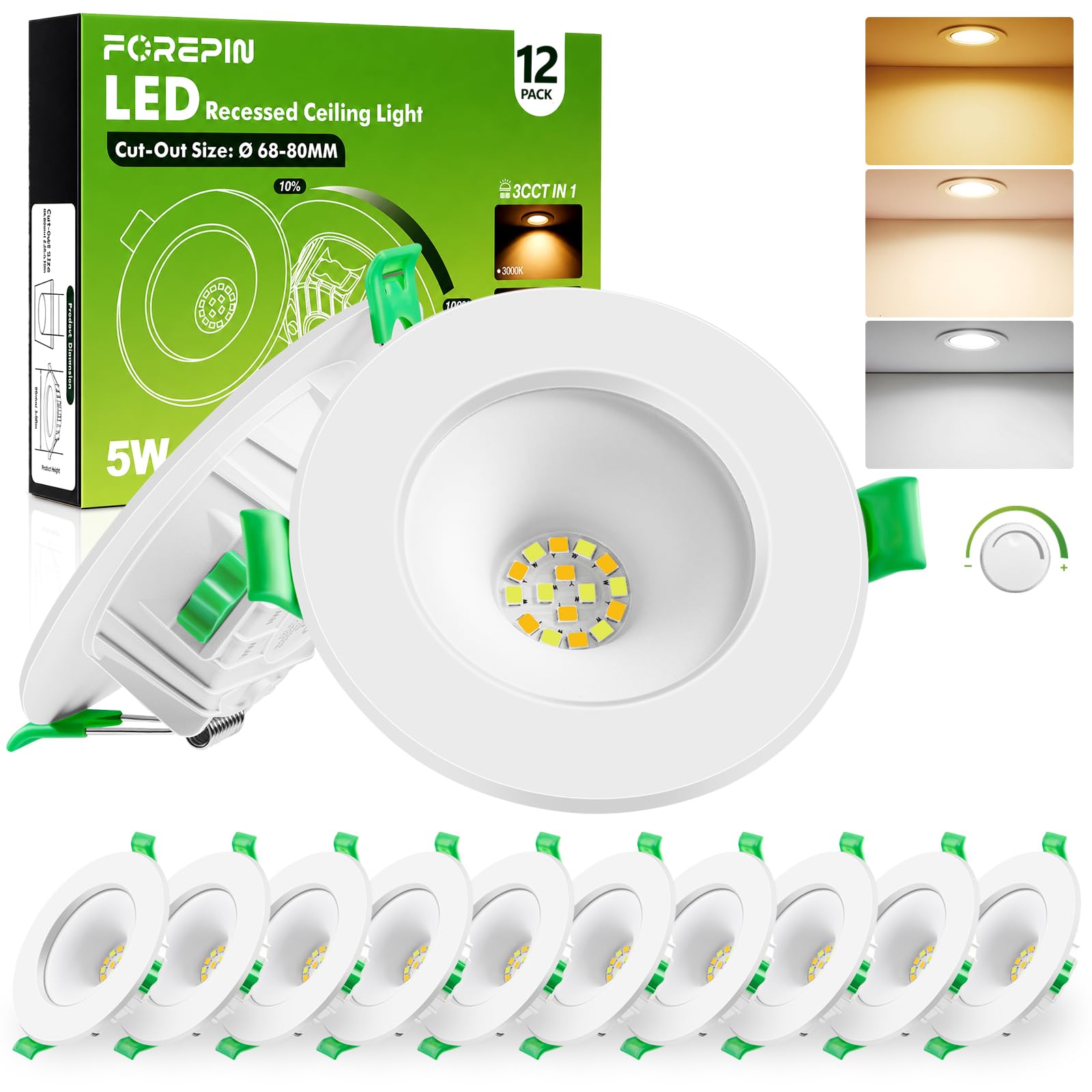 LED Einbaustrahler 230V Dimmbar, 5W 500LM 3CCT LED Spot 68-80mm Lochmaß