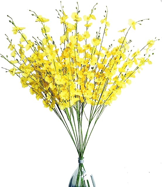 Fycooler 12pcs Artificial Orchids Flowers Fake Silk Dancing Lady Orchid Faux Long Stem Flowers Plants for Home Wedding Office Party Festive Indoor Outdoor Decoration (Yellow)-95cm