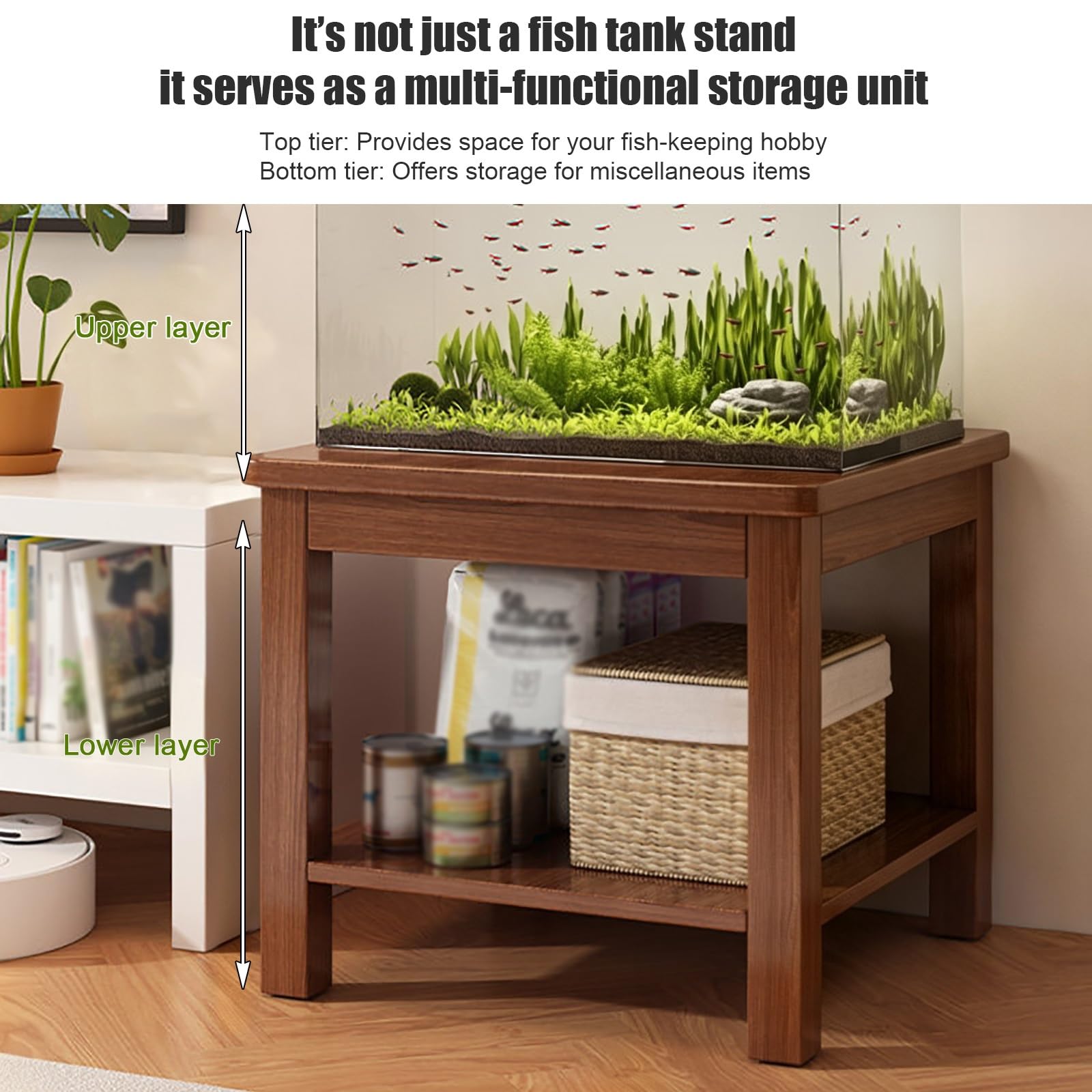 Mobile per Acquario, Supporto in Legno per Acquario | Legno Massello di Gomma, Due Piani d'Appoggio, Montaggio Semplice, Portata di 150 kg(Walnut,50x35x60cm/20x14x24in)