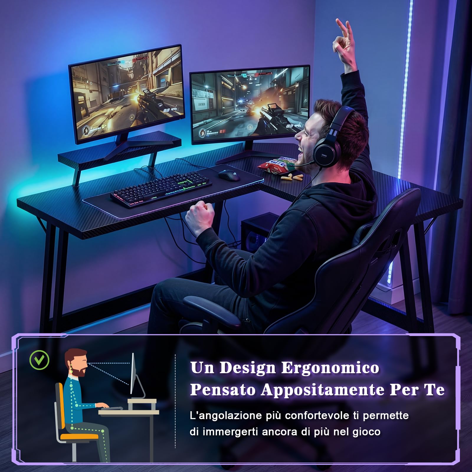 Devoko 120 x 120 cm Scrivania Gaming Angolare, Scrivania Angolare con Supporto per Monitor per Lo Studio, Il Gioco E Il Lavoro, Scrivania Gaming Ergonomica(Carbonio Nero)