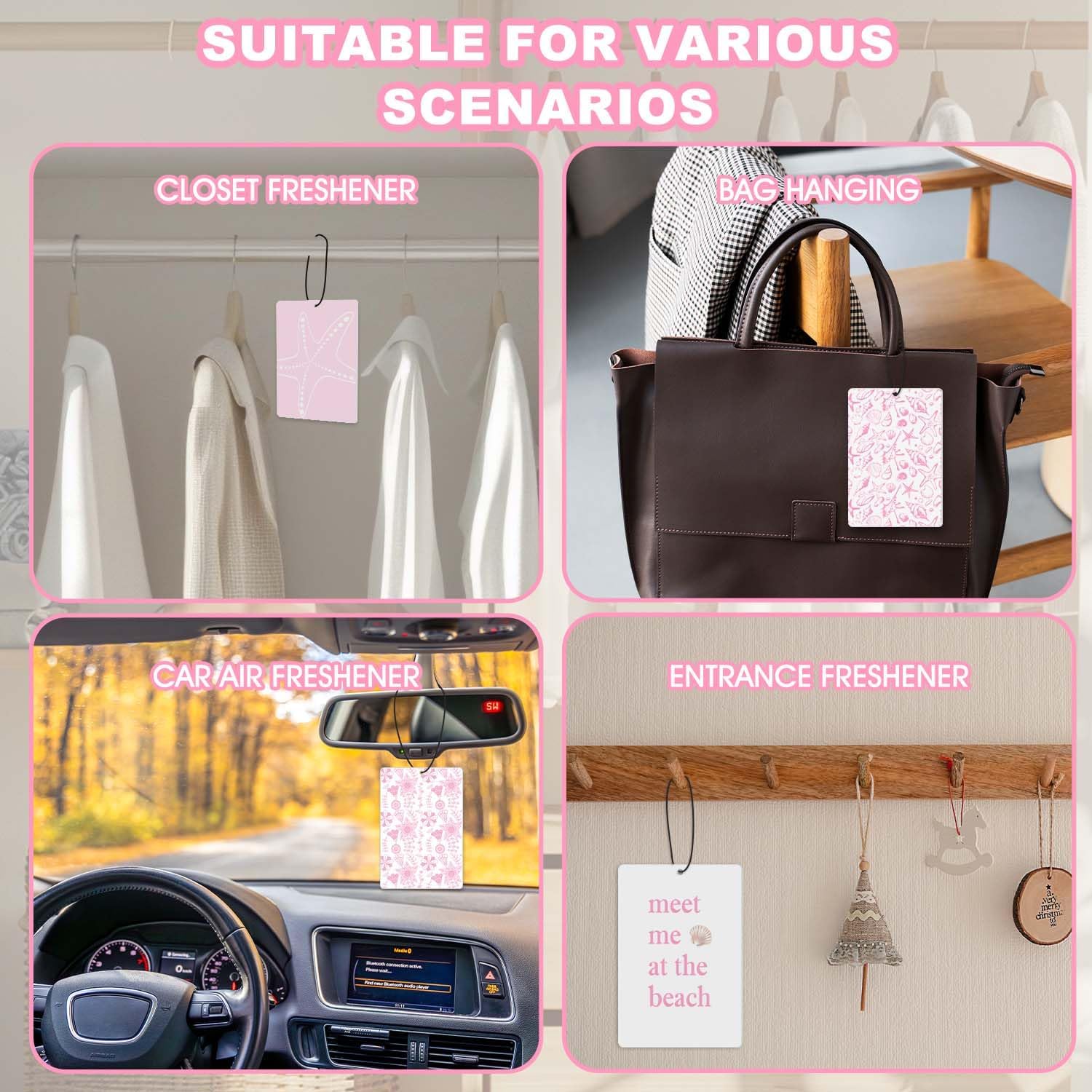 Pink Beach Car Air Freshener 4Pcs,Beachy Car Accessories,Seashell Starfish Hanging Freshies,Coastal Ocean Rearview Mirror Decor,Girly Summer Car Gifts image 4