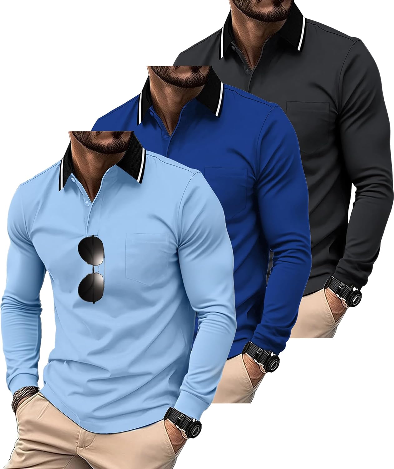 ZITY 3 Pack Men Polo Shirts Long Sleeve with Pocket Golf Shirts Shirts for Men Casual Work Athletic Collared T-Shirts