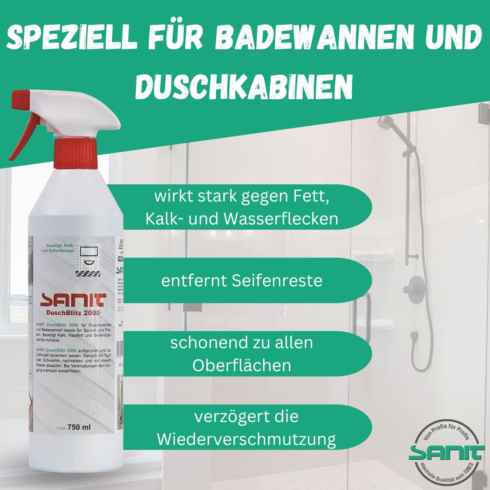 DEWEPRO-Set: SANIT DuschBlitz 2000 (3015) - 2 Flaschen à 750ml - beseitigt mühelos Kalk, Hautfett und Seifenrückstände auf Duschkabinen, Fliesen und Wannen, inkl. 1 St. DEWEPRO® Single Scrubs