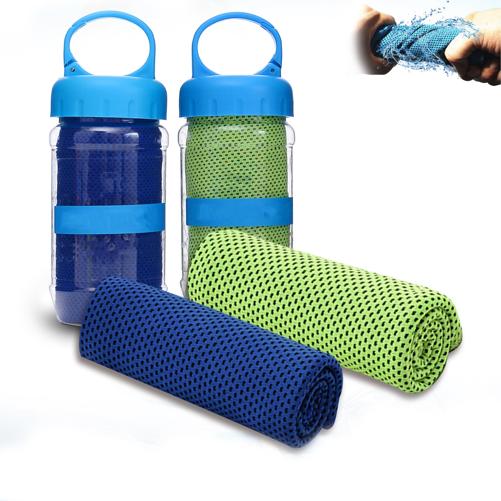 Jhbsou Towelnado Cooling Towel & Bottle, Portable Towels with Bottles for Neck and Face, Suitable for Sports, Gym Camping & More Activities (2 Deep Blue) (Deep Blue+light Green)