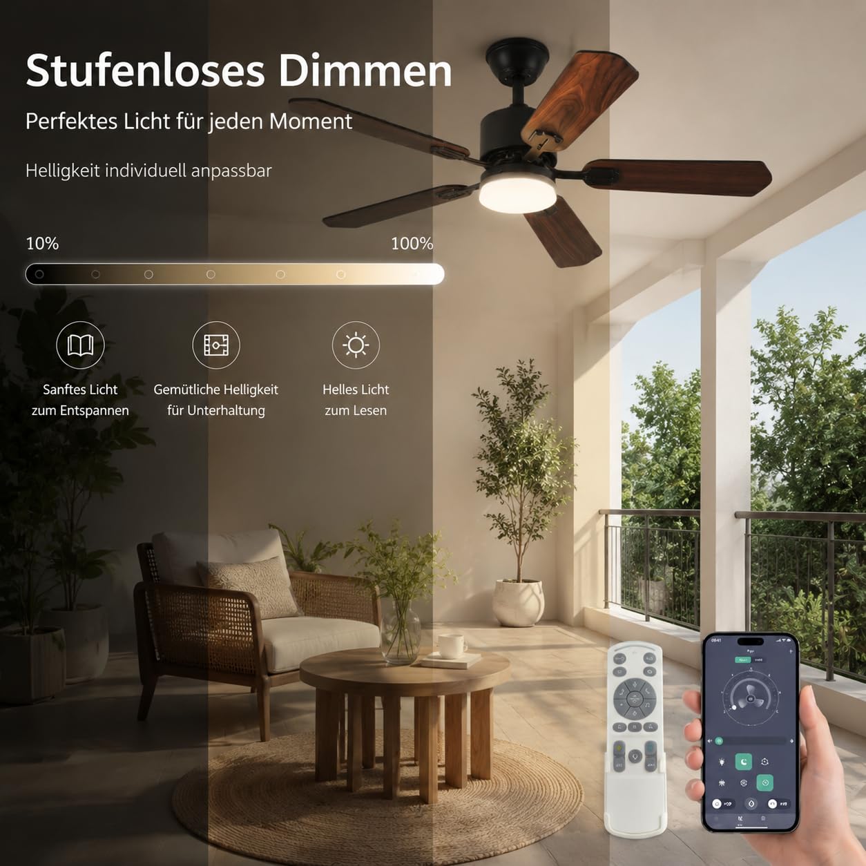 DATO Deckenventilator mit Beleuchtung und Fernbedienung,108 cm,5 Holzflügel,3 Farbtemperaturen,Timer,für Schlafzimmer und Wohnzimmer (Schwarz, 108 cm)