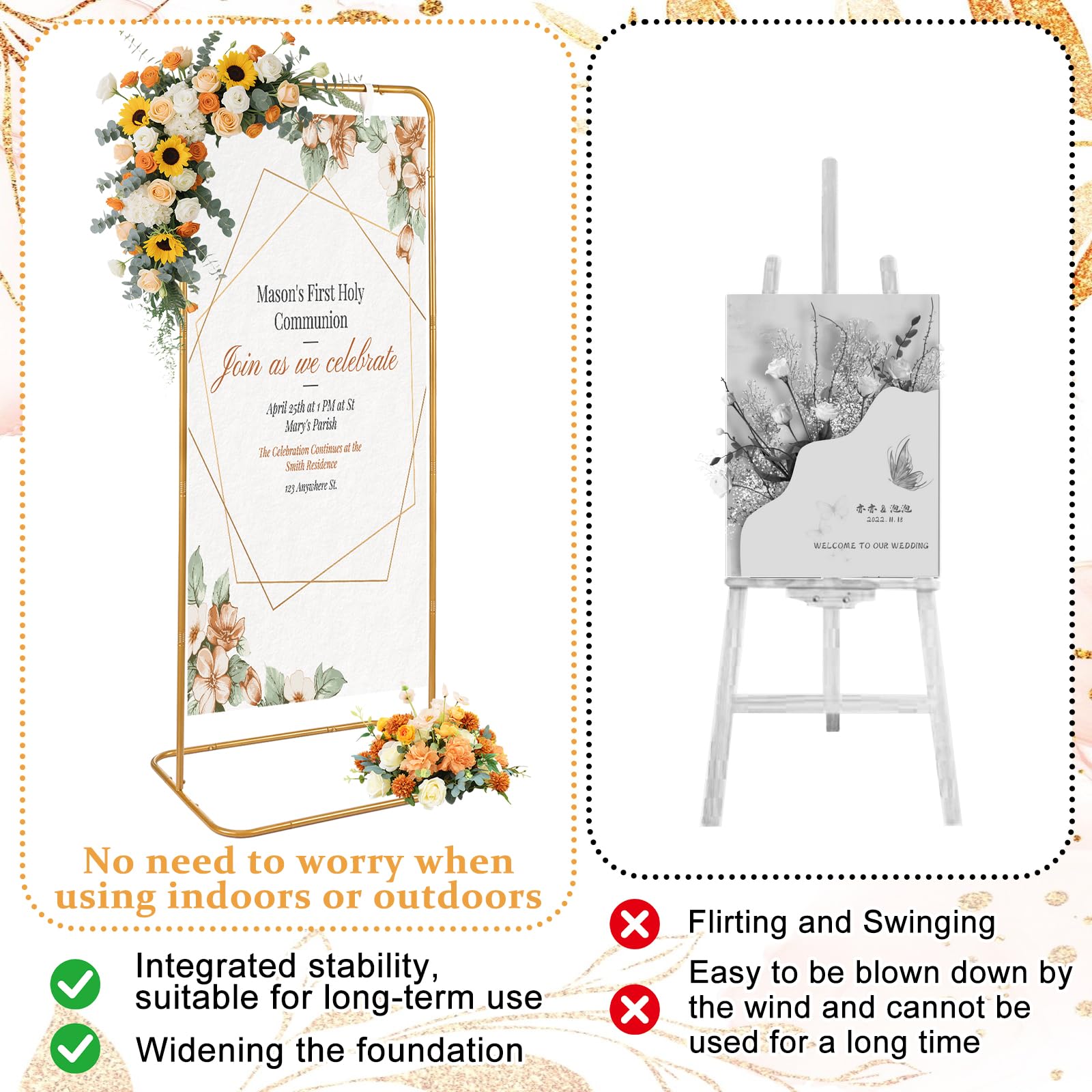 YEXEXINM Supporto per cartello di matrimonio, altezza regolabile, in metallo nero, con 4 cinghie in pelle, resistente, per classifiche dei posti, poster, cerimonie di laurea (oro)