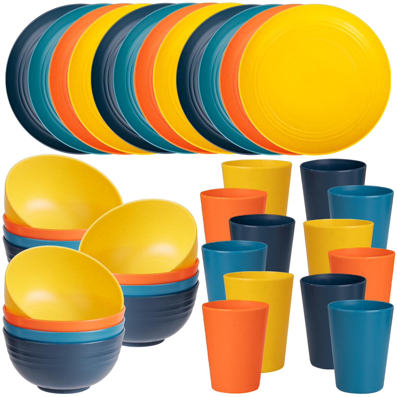 LIYH 36 PCS Wheat Straw Dinnerware Sets Plastic Dinnerware Sets for 12 Plates and Bowls Sets Reusable Tableware Dishes Set 12 Plates 12 Bowls 12 Cups Microwave Dishwasher Safe 4 Color