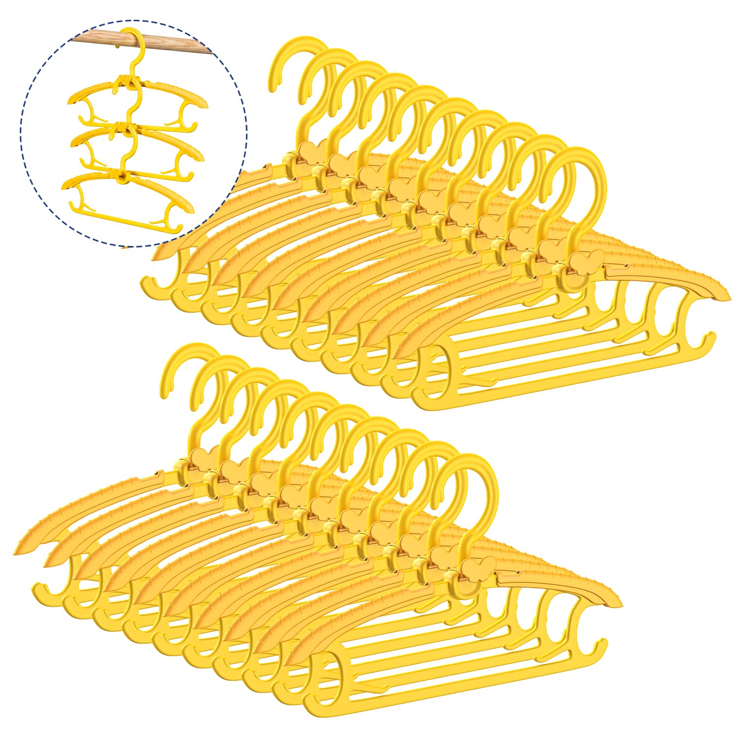Damita Grucce appendiabiti per Neonato e Bambini – Ganci in Plastica Regolabili da 28 a 39 cm, Antiscivolo e Salvaspazio per Cameretta, con Ganci a farfalla – Giallo Sole (Confezione da 20 pezzi)