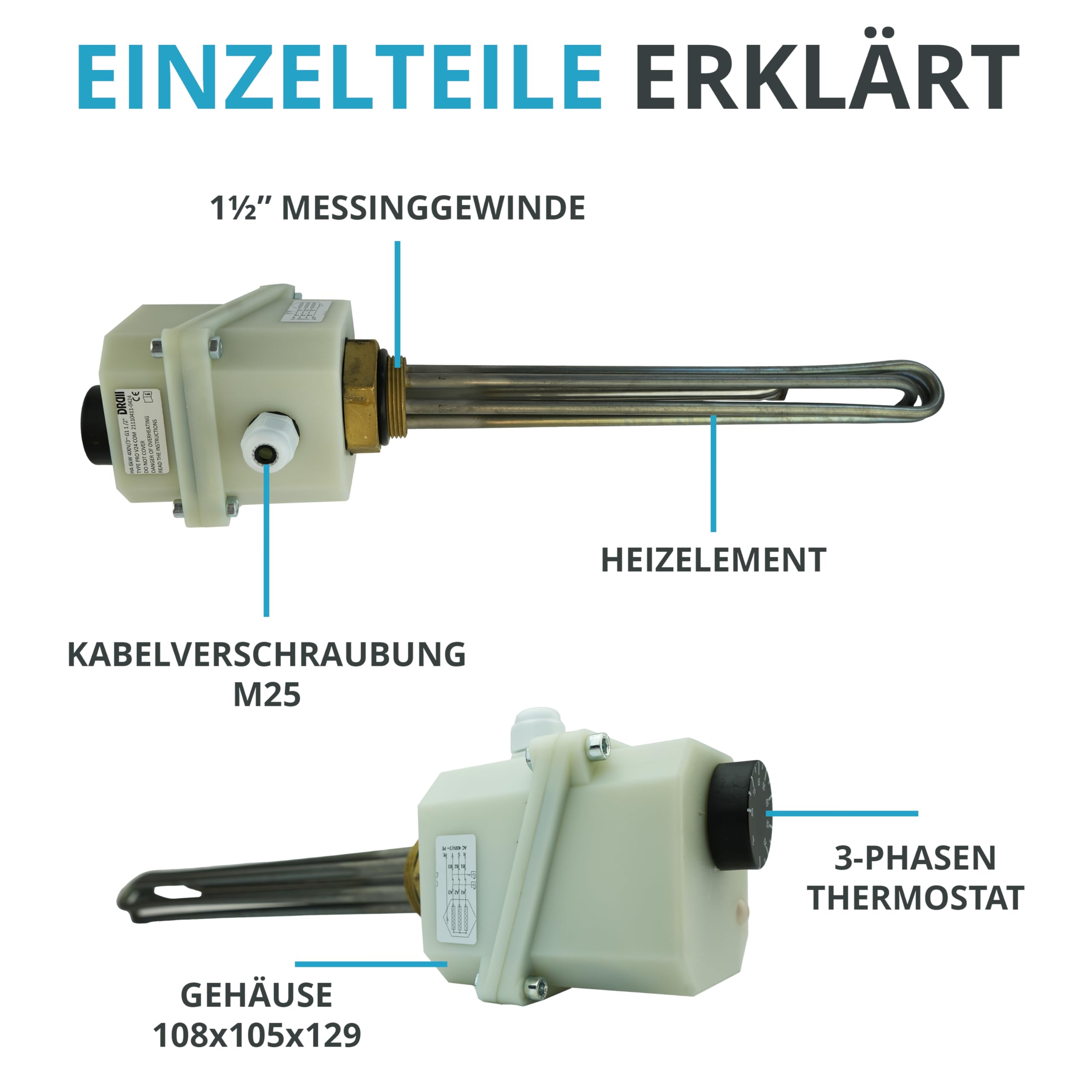Heizstab, Heizstab Warmwasserspeicher, Heizstab 1 1/2 Zoll, Heizpatrone Pufferspeicher 9kw, Heizstab Pufferspeicher, Heizelement 400V für Edelstahl und Emaillierte Wasserspeicher (9 kW)
