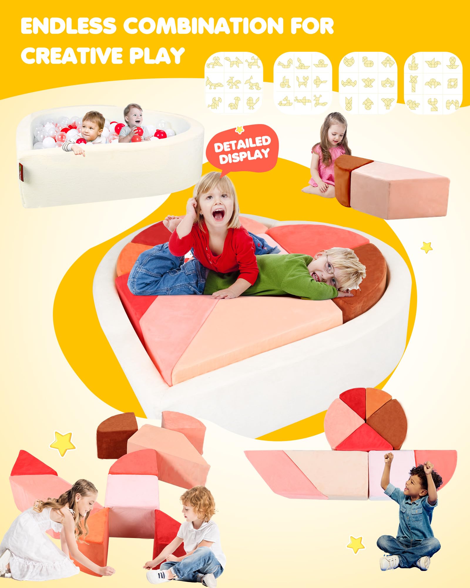 Heypappy Canapé Modulaire pour Enfants,2-en-1 Forme Cœur avec Piscine à Balles Unique - Canapé Enfant de Jeu Tangram pour Salle de Jeux - Inspire la Créativité