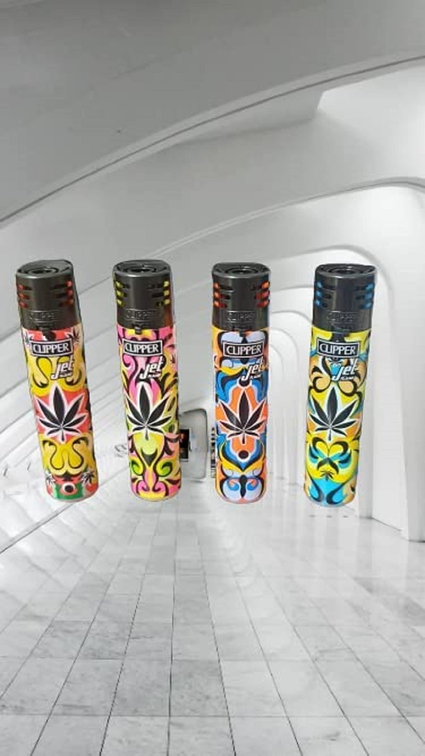 Clipper Electronic Jet Flame Lighter - Cannabis Leaves - Design Assorted Designs, Gas Lighter Refillable You get all 4 NEW, GIFT SET( JET FLAME WINDPROOF LIGHTER Cannabis Leaves X 4 )