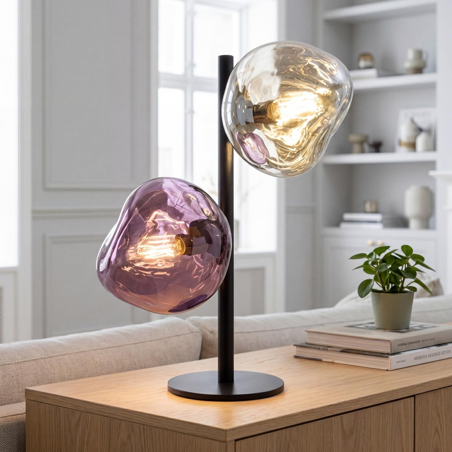 Lampe de table verre blanc lilas métal E14 2 lampes 40 cm soufflé à la bouche vitré verre de lave élégant décoratif câble en tissu lampe de chevet chambre