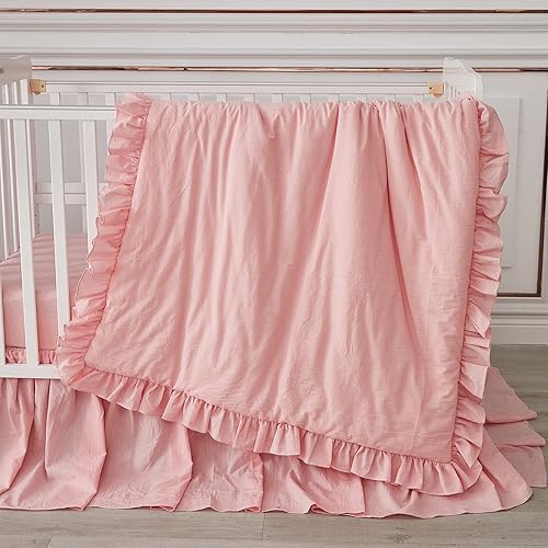 Brandream Farmhouse Crib Bedding Sets for Girls | 3 Piece Boho Chic Nursery Set Rose/Antique Pink| Baby Comforter, Fitted Crib Sheet, Crib Skirt Included, 100% Washed Pure Cotton