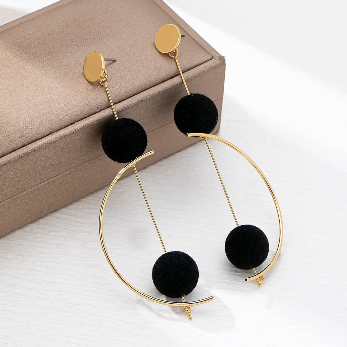 Retro Geometric Gold Black Long Drop Earrings for Women, Golden Tone Half Circle Dangle Earrings with Ball Minimalist Statement Jewelry Gifts - Image 4